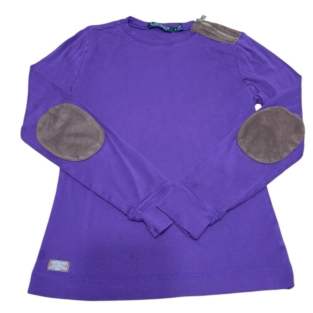 RALPH LAUREN Long Sleeve Shirt Top Womens XL Purple Equestrian Elbow Patches - Picture 9 of 9